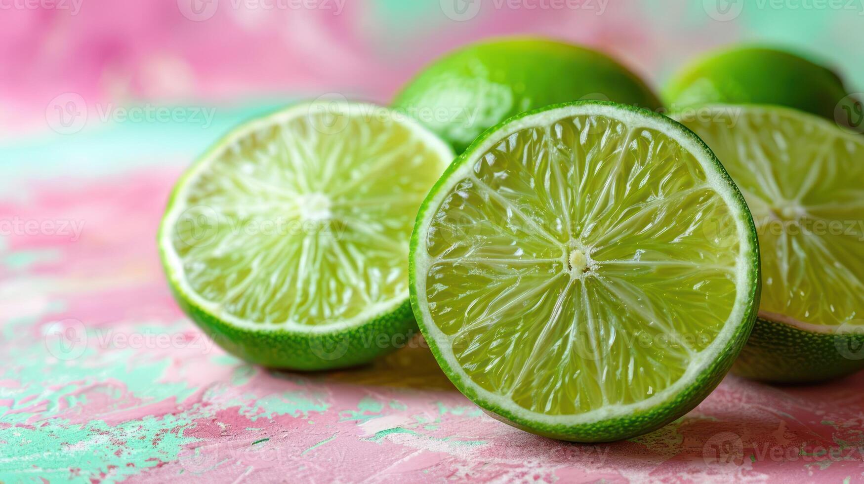 Freshly cut limes on a colorful background, showcasing their vibrant texture and color. photo