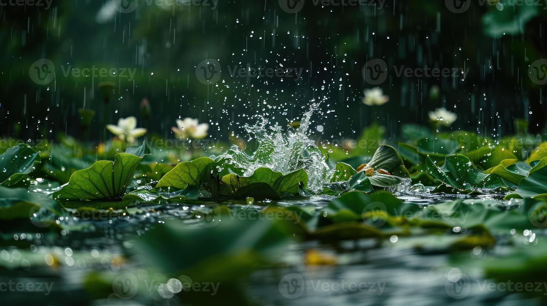 A serene pond scene with splashes of water and blooming lilies amidst rainfall. photo