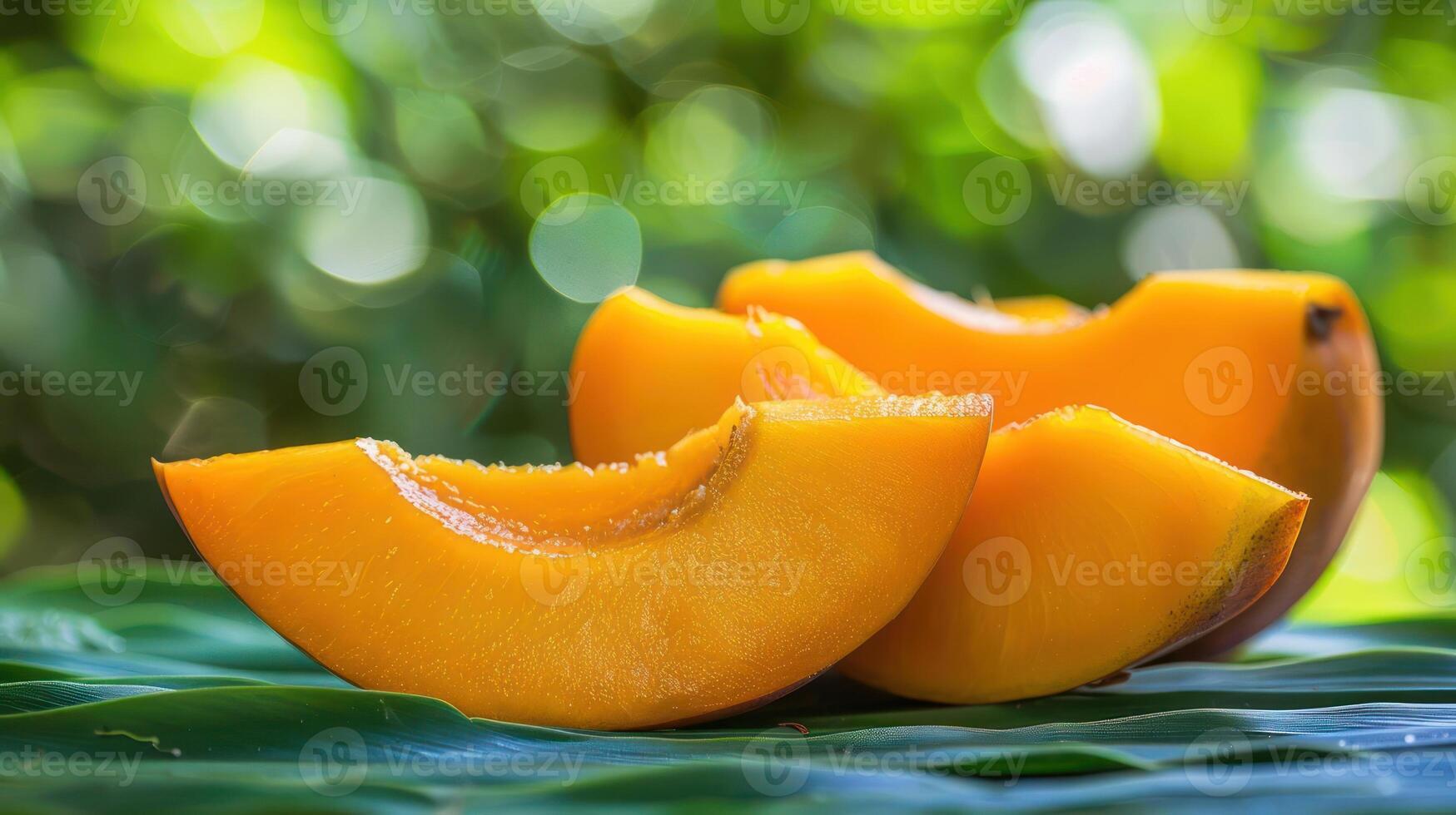 Slices of ripe melon on green leaves with a blurred background. photo