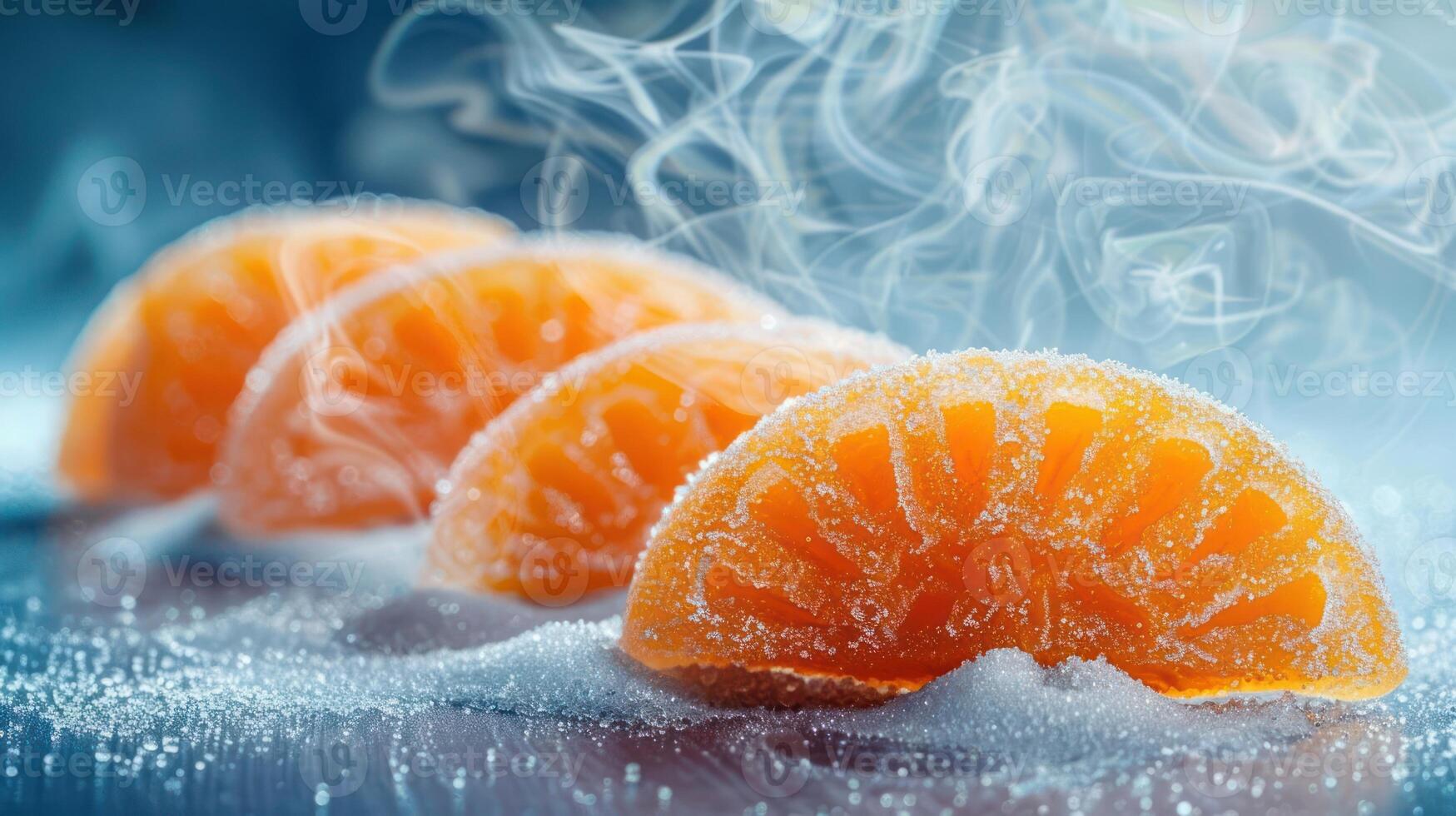 Slices of orange coated in sugar, with a misty background creating a refreshing atmosphere. photo