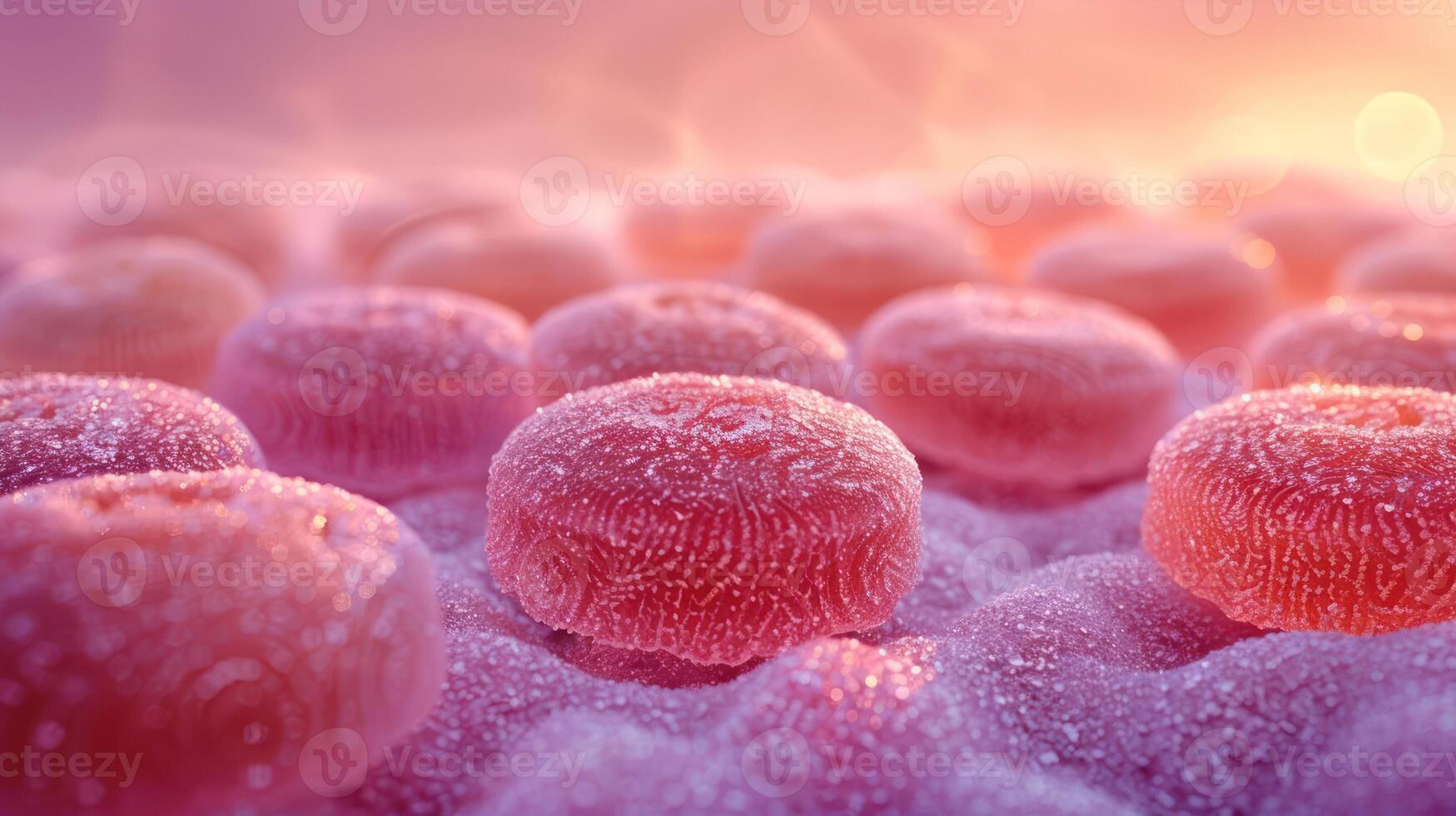 A close-up view of pink, textured cellular structures in a soft, illuminated environment. photo