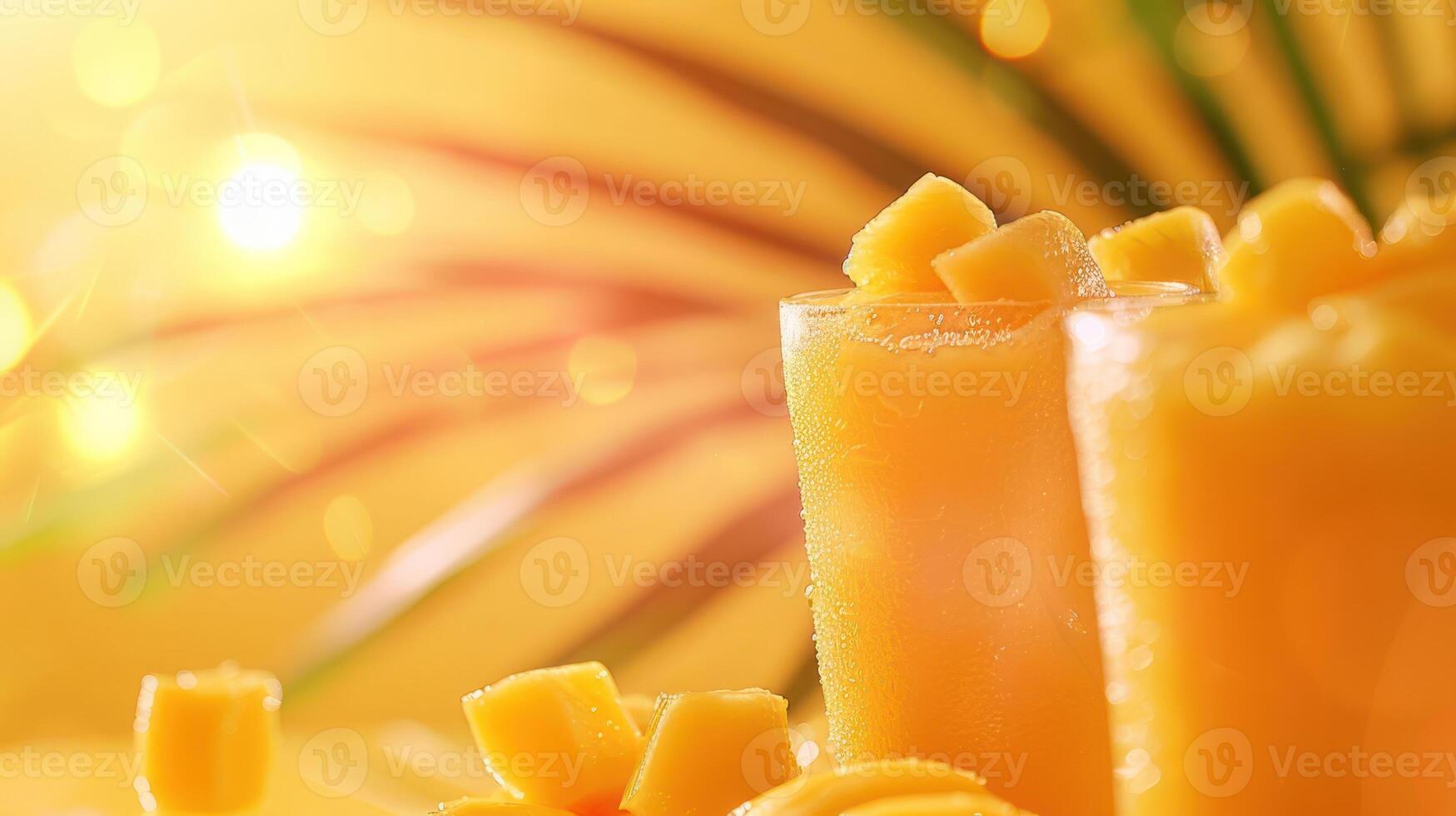 A vibrant display of mango-flavored treats with chunks, set against a tropical backdrop. photo