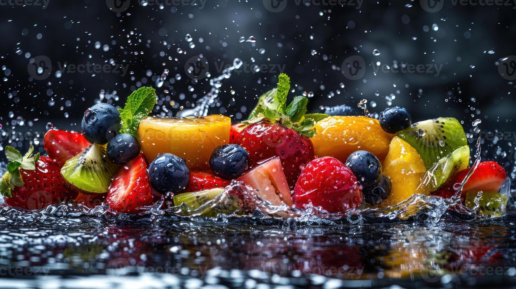 A vibrant assortment of fresh fruits splashing in water, showcasing color and freshness. photo