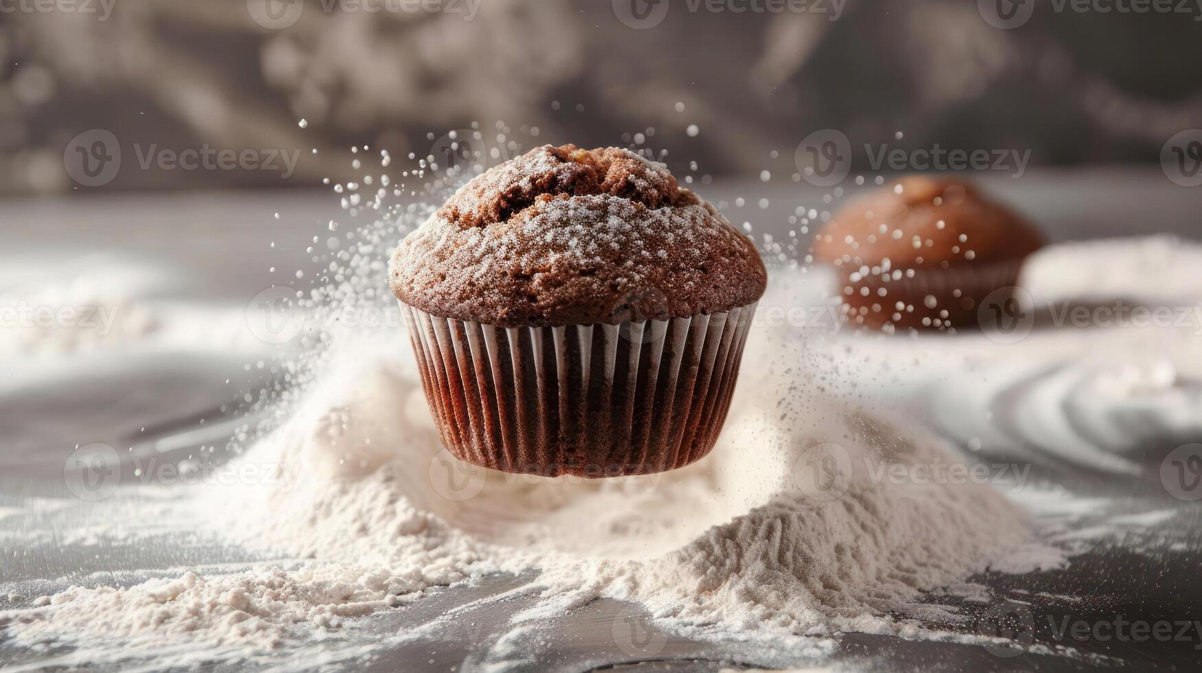 A floating chocolate muffin surrounded by flour, capturing a whimsical baking moment. photo