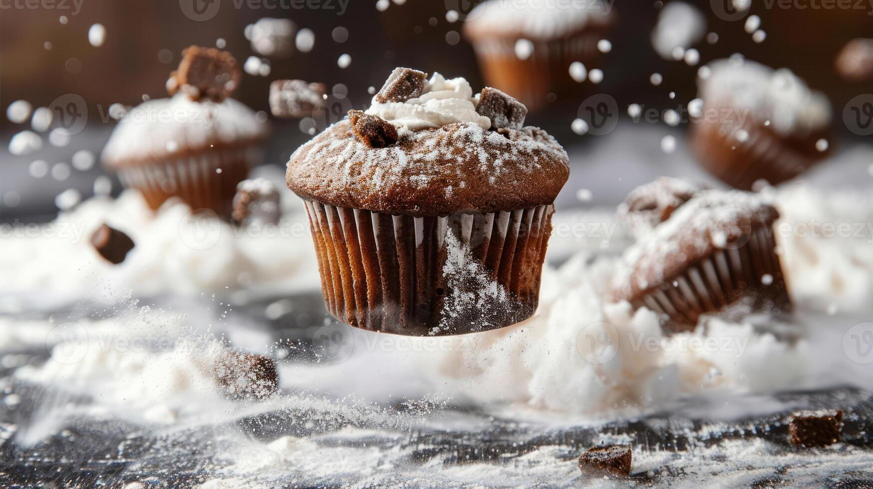 A floating chocolate cupcake surrounded by powdered sugar and chocolate chunks. photo