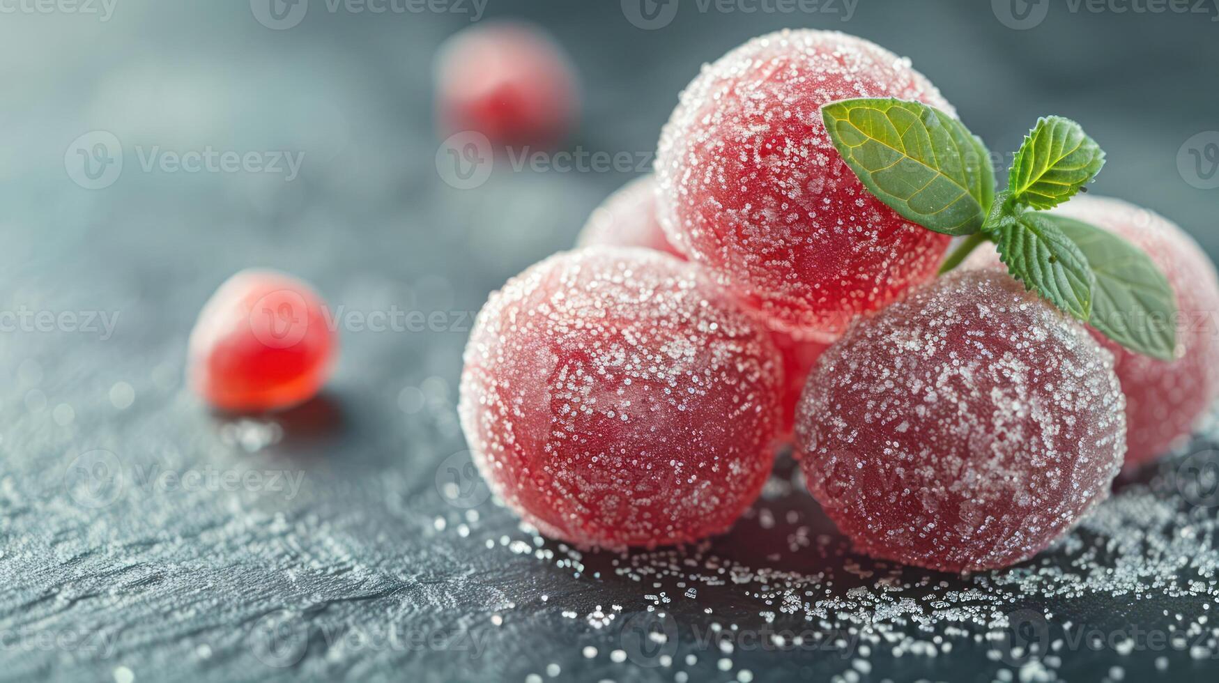 A close-up of sugar-coated raspberry candies with mint leaves on a dark surface. photo