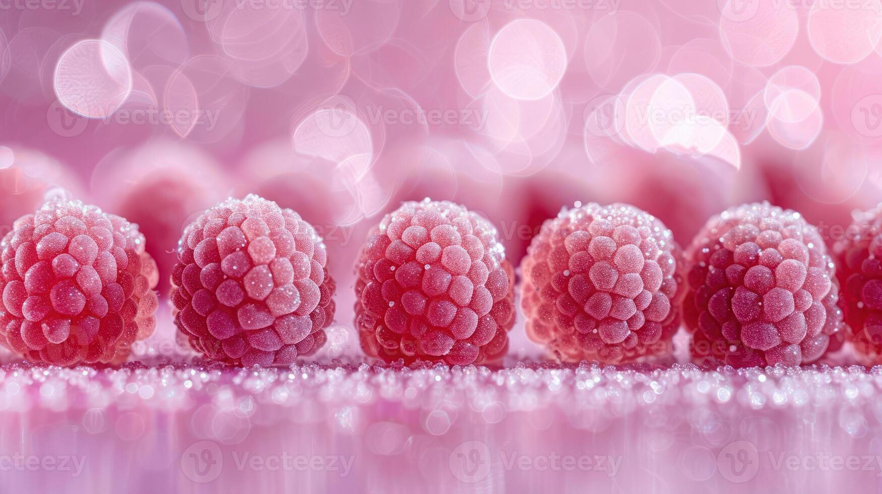 A close-up of sparkling raspberries arranged on a surface with a soft pink bokeh background. photo