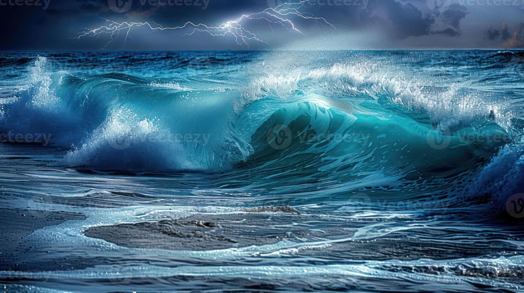 A dramatic ocean scene with crashing waves and lightning in a stormy sky. photo