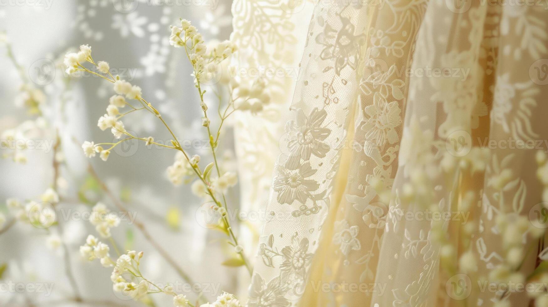 A delicate lace curtain softly filtering light, accompanied by blooming branches. photo