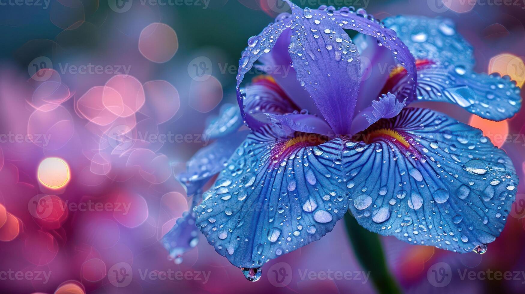 A close-up of a vibrant purple flower with water droplets, set against a soft, colorful background. photo