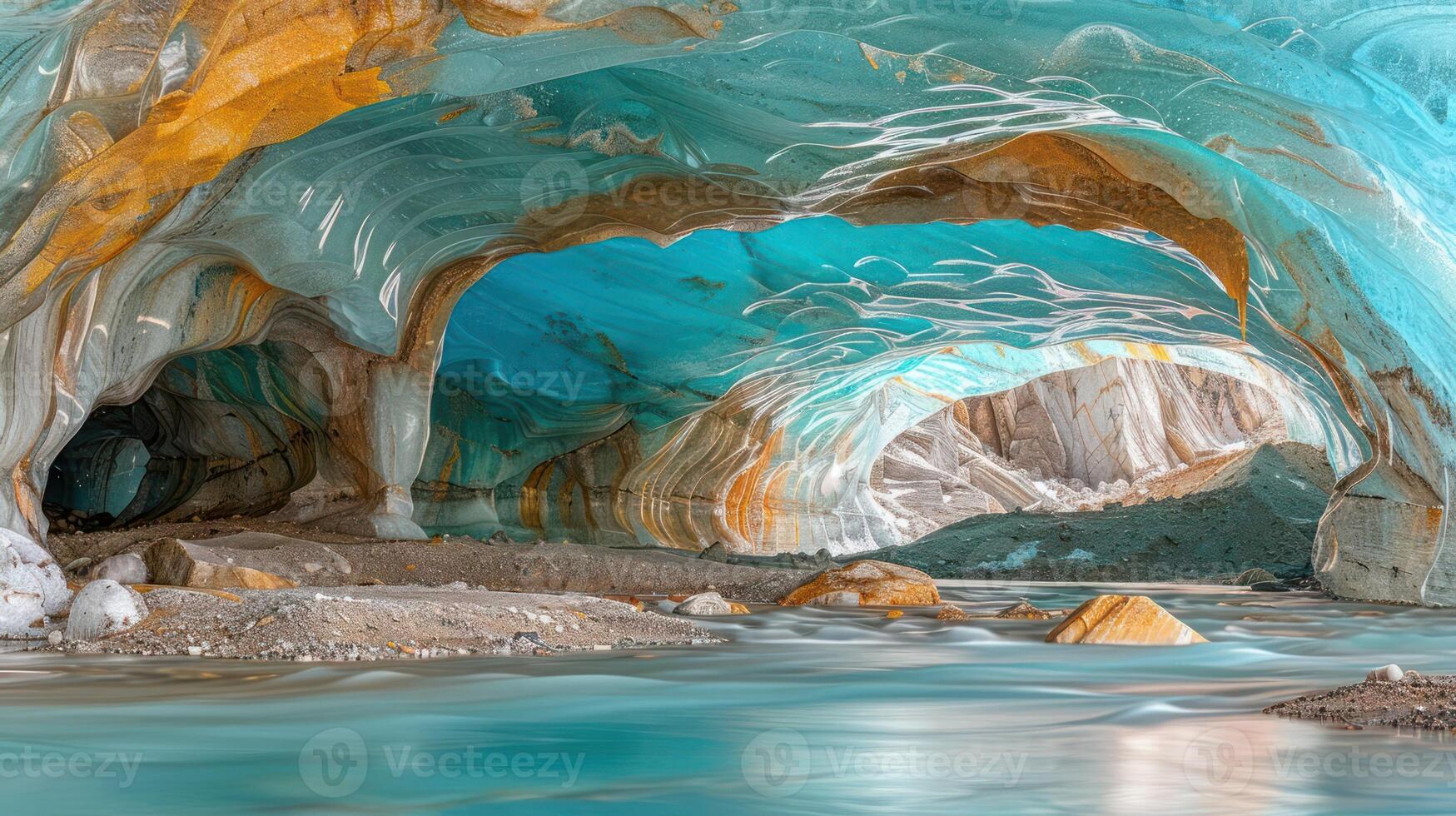 A stunning ice cave with turquoise water and intricate rock formations. photo