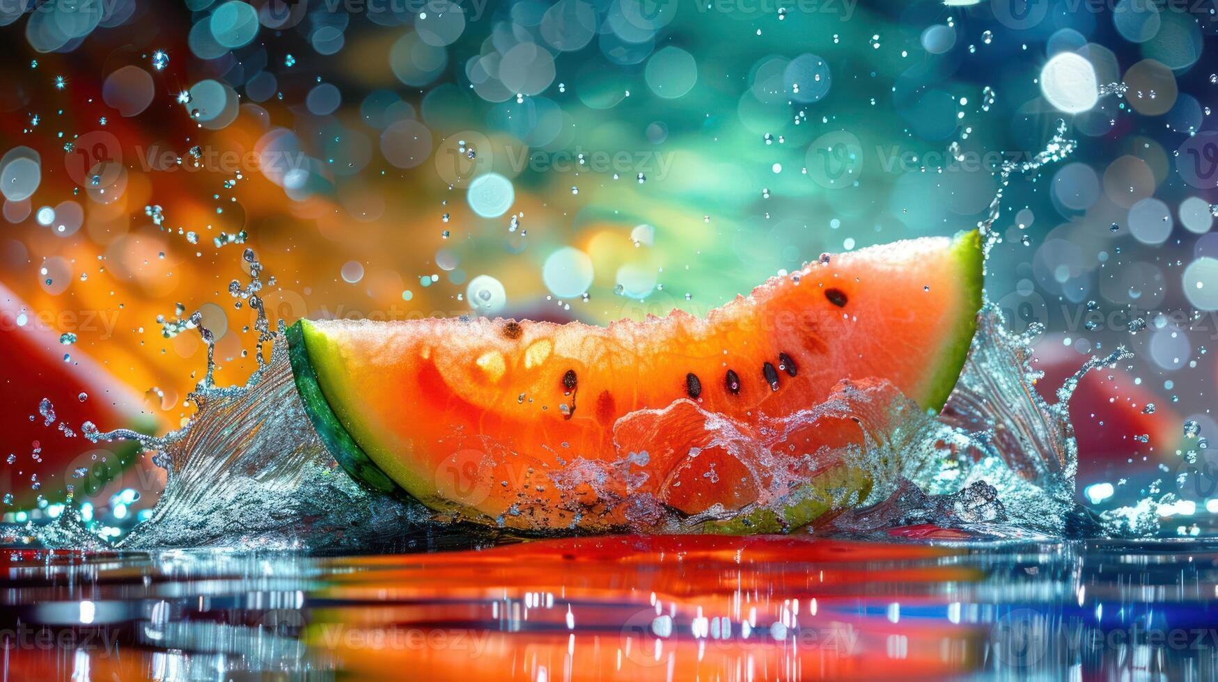 A vibrant watermelon slice splashes in water, creating a refreshing summer vibe. photo