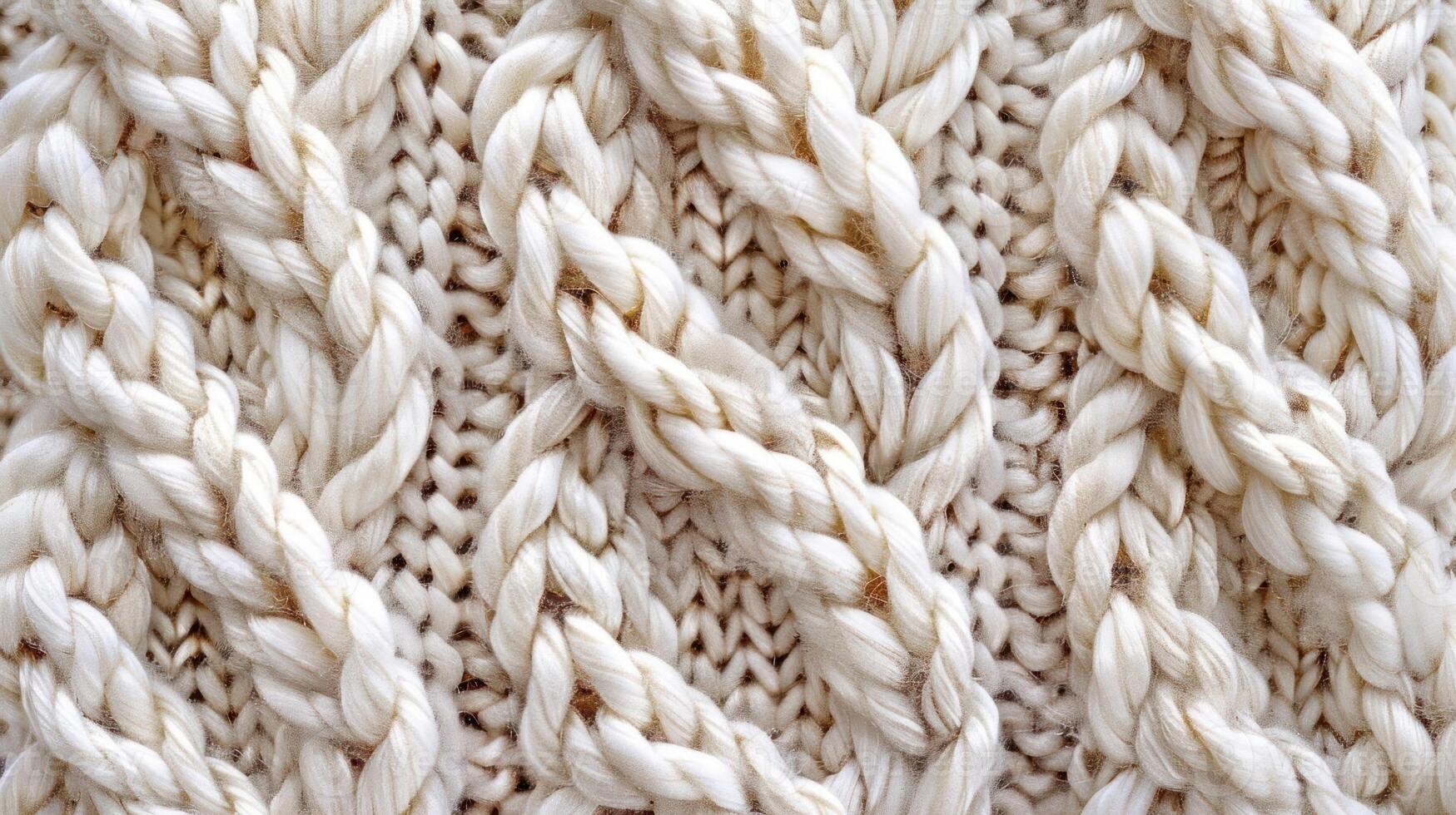 Close-up of a textured cream-colored knitted fabric with braided patterns. photo