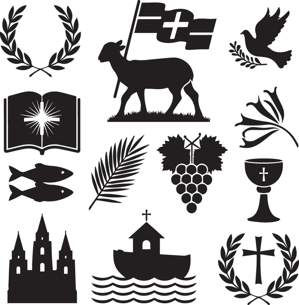 christian symbols set, including a cross, a lamb, a cross, a dove, a vector