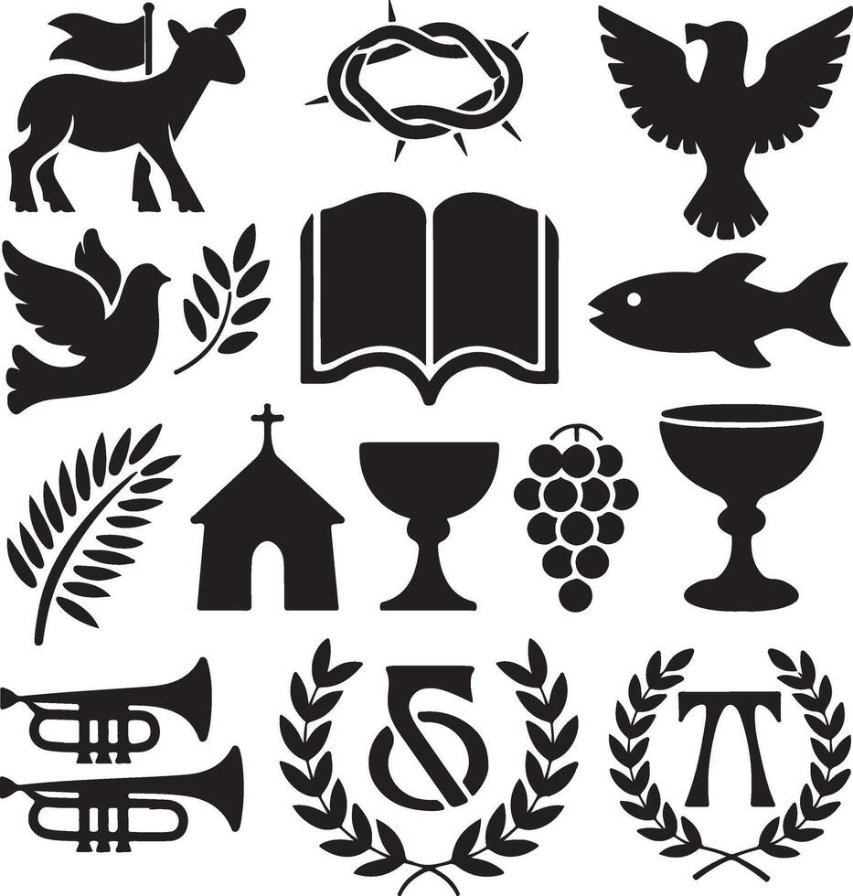 a set of religious symbols including a cross, dove, dove, olive branch, olive branch, vector