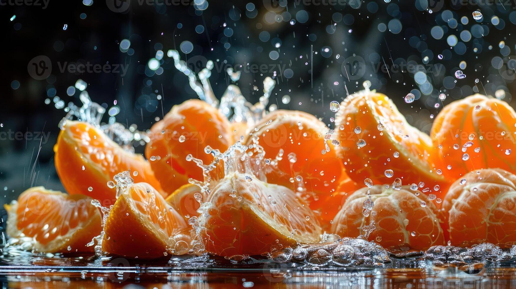 Juicy orange segments splash in water, creating a vibrant and refreshing scene. photo
