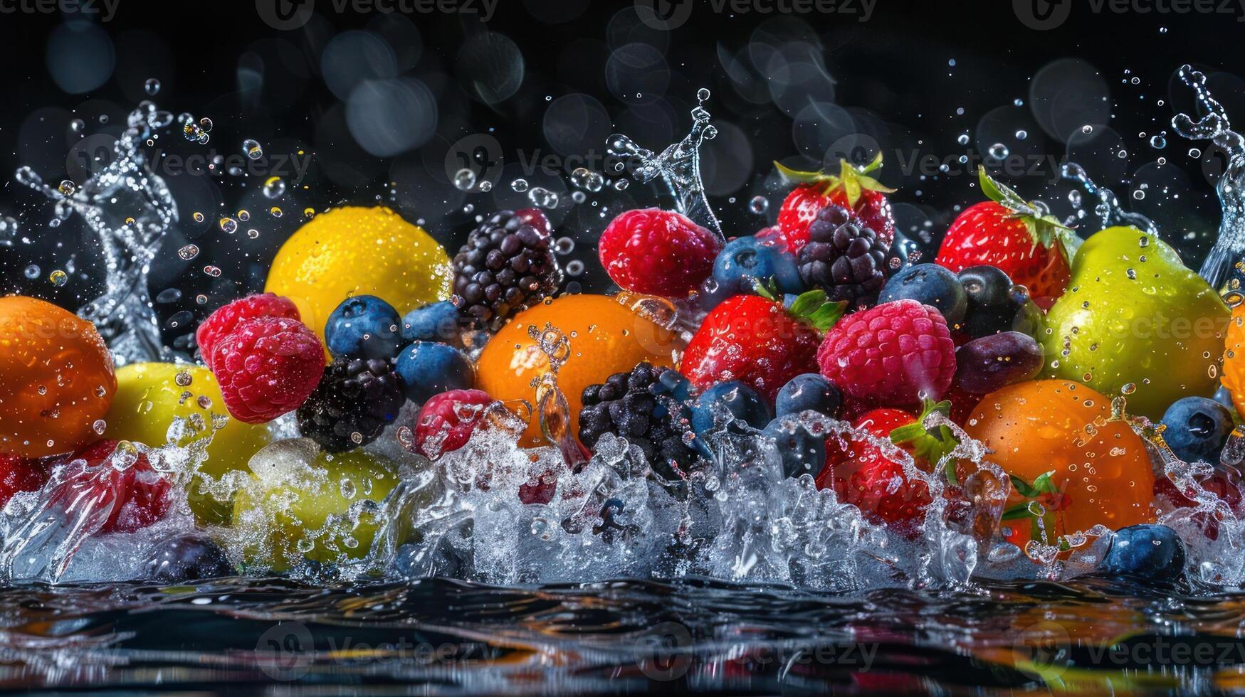 A vibrant splash of assorted fruits creating a refreshing visual effect. photo