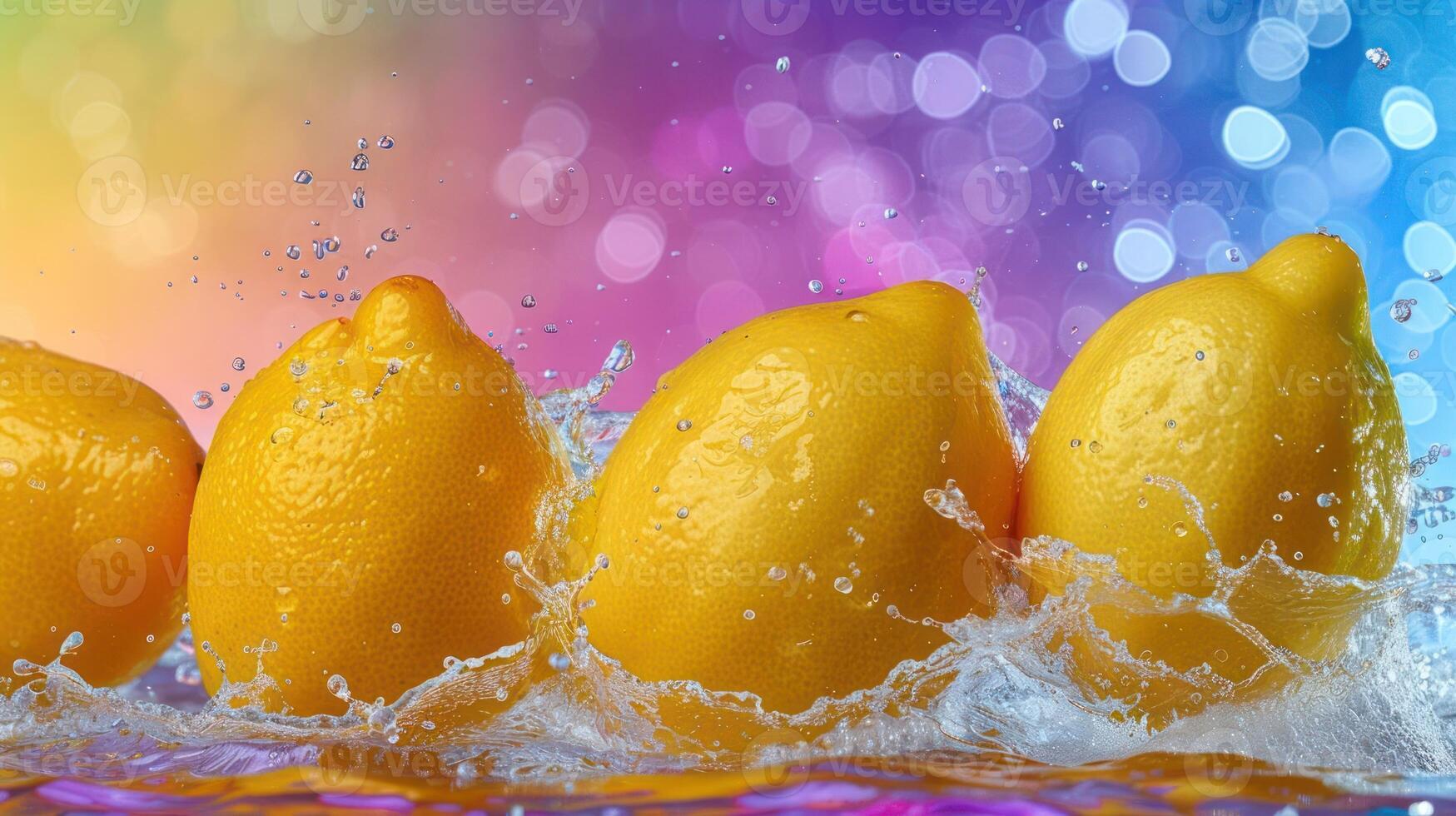 Fresh lemons splashing in water against a colorful bokeh background. photo