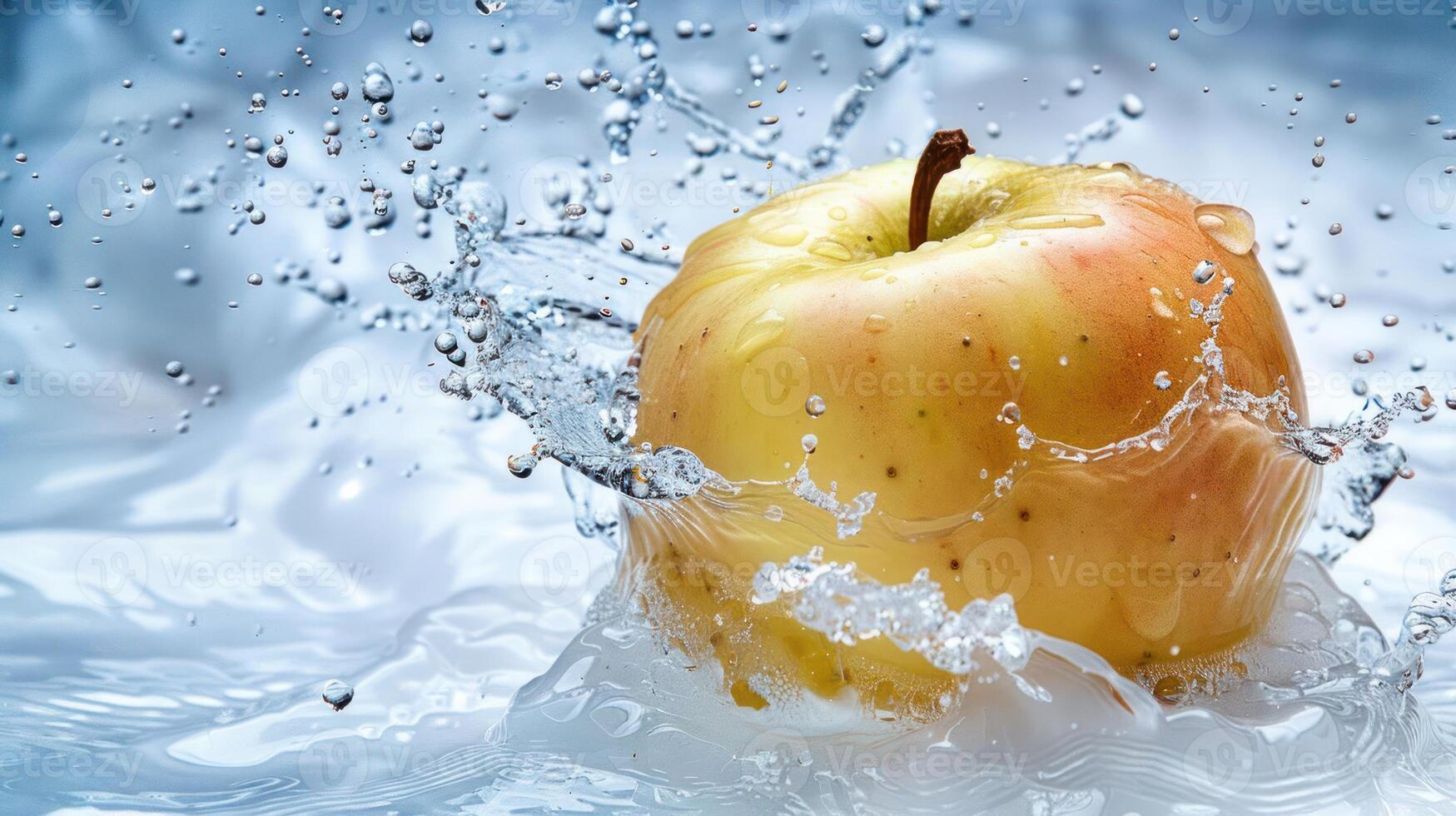 An apple splashes into water, creating dynamic droplets and a refreshing scene. photo