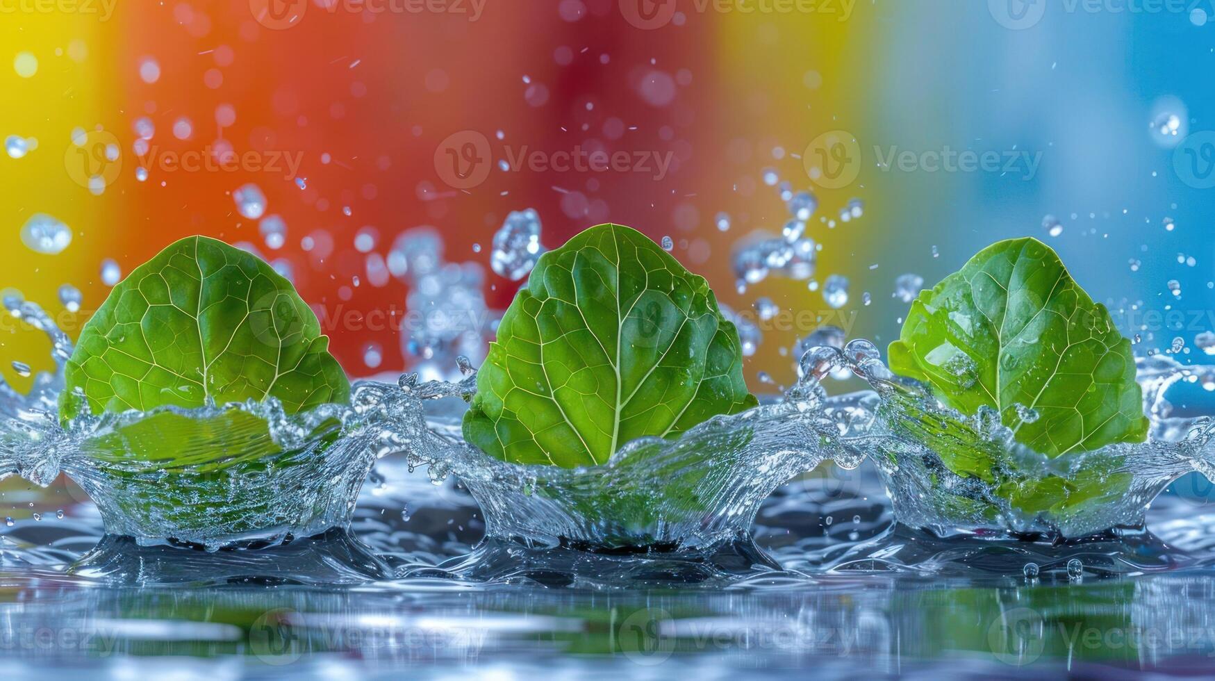 Three fresh green leaves splashing in water against a colorful background. photo