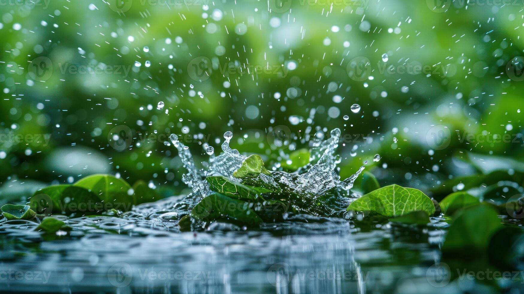 Water droplets splash over green leaves in a serene, nature-filled environment. photo