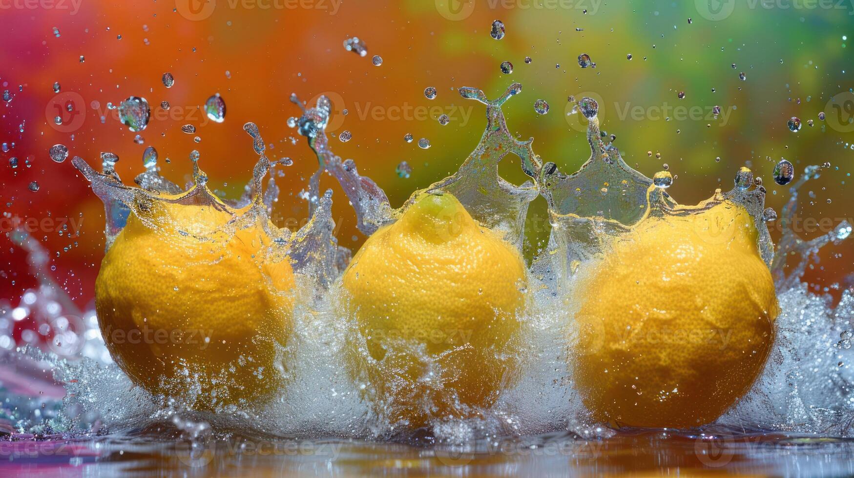Three lemons splashing in water against a colorful background. photo