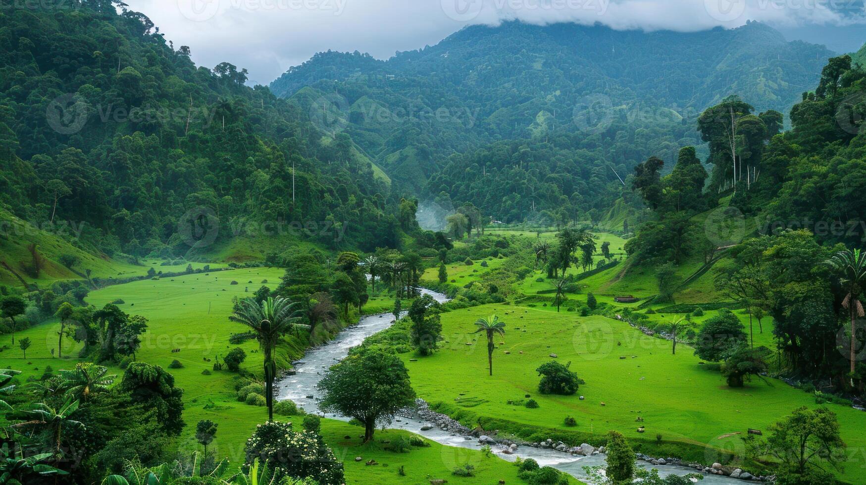 Lush green valley with a winding river surrounded by mountains and trees. photo