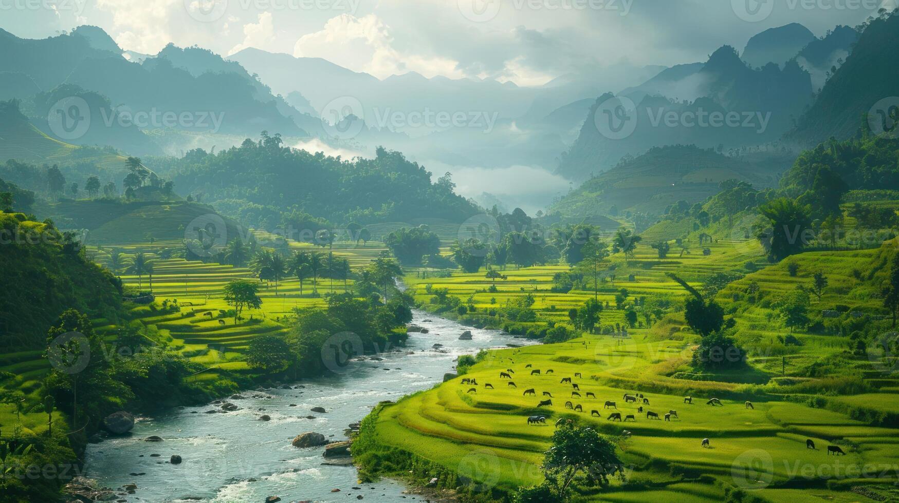 Lush green landscape with a river winding through mountains and rice fields. photo