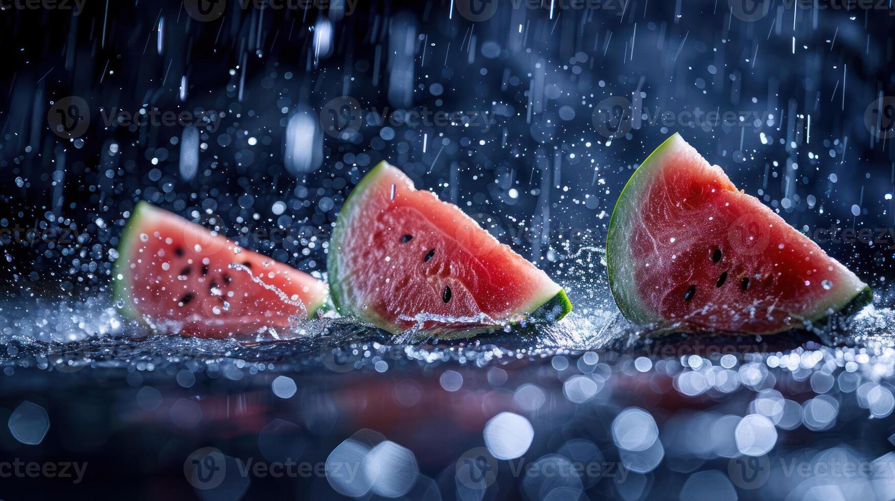 Slices of watermelon splashing in water with a blurred background. photo