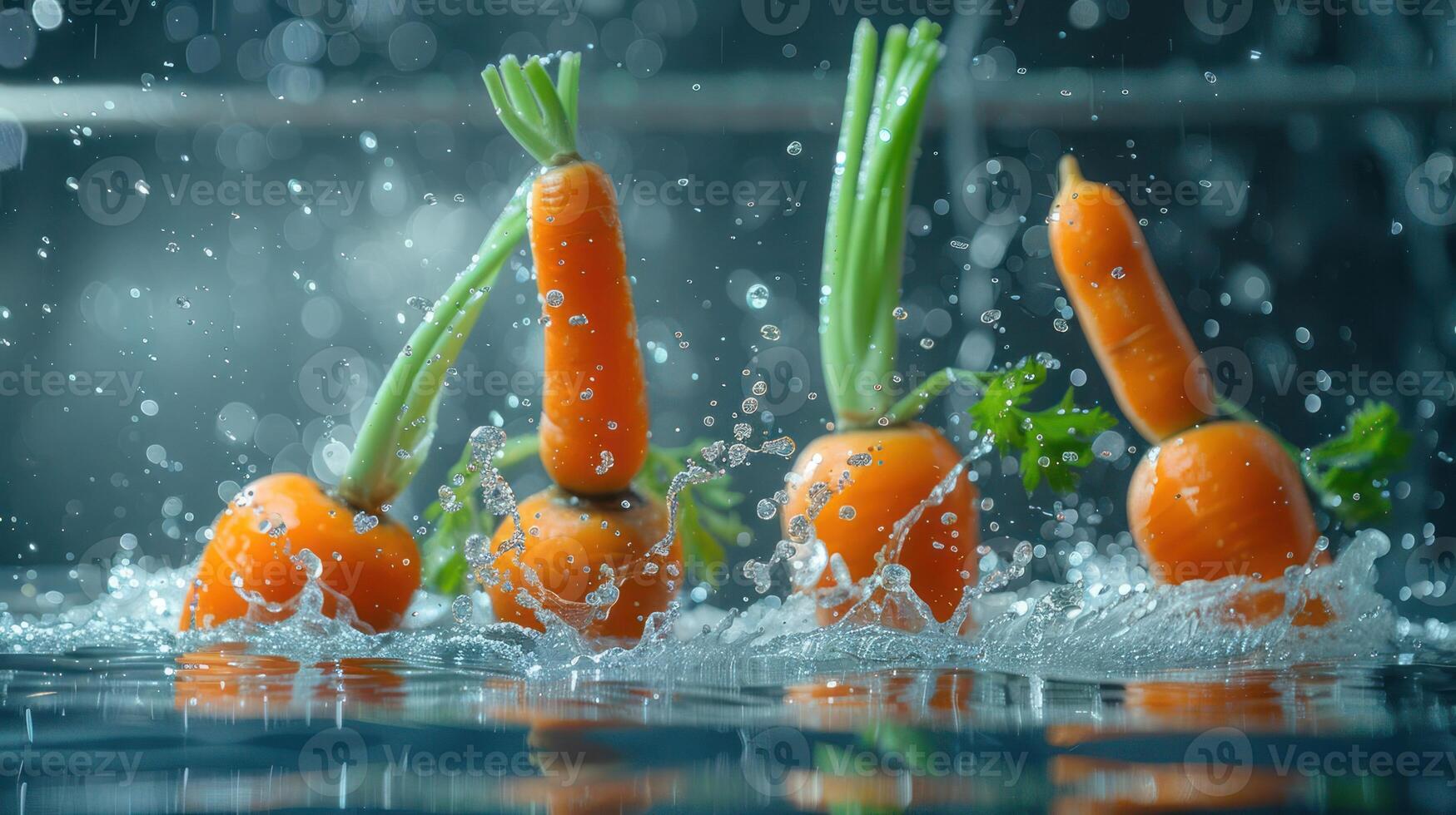 Fresh carrots splashing in water, highlighting their vibrant color and freshness. photo