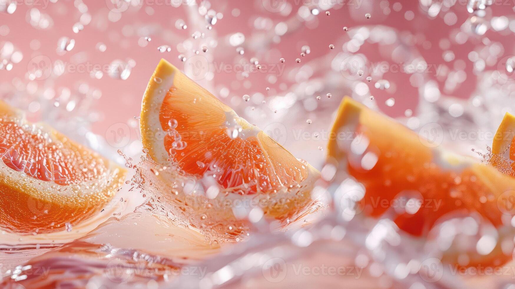 Fresh orange slices splash in water, creating a vibrant, refreshing visual. photo