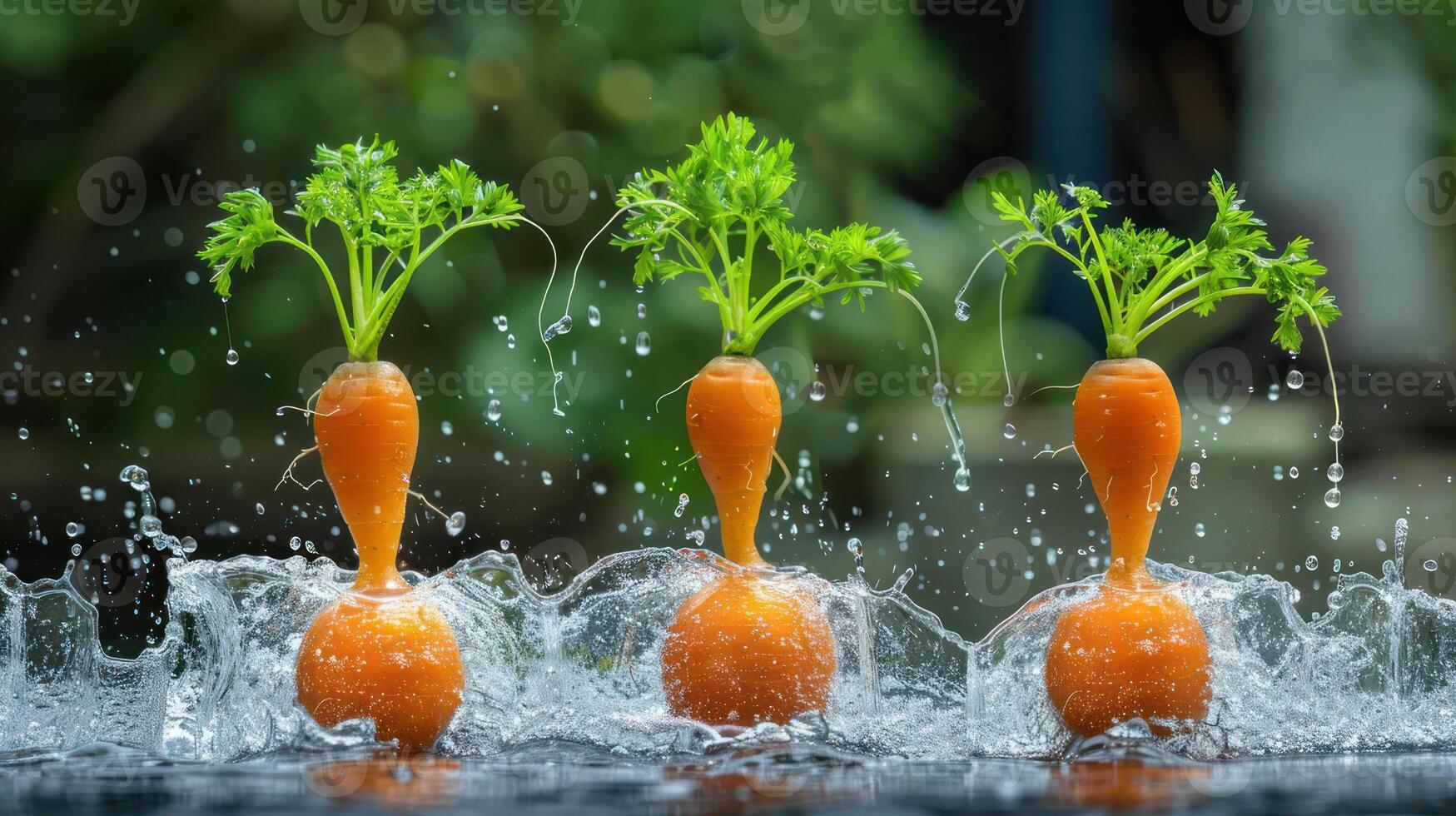 Three carrots with green tops splashing in water, creating a vibrant and playful scene. photo
