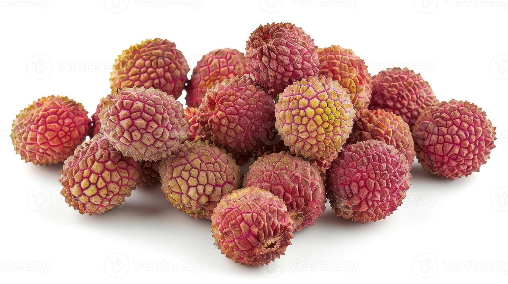 A pile of fresh lychee fruits showcasing their textured, reddish skin. photo