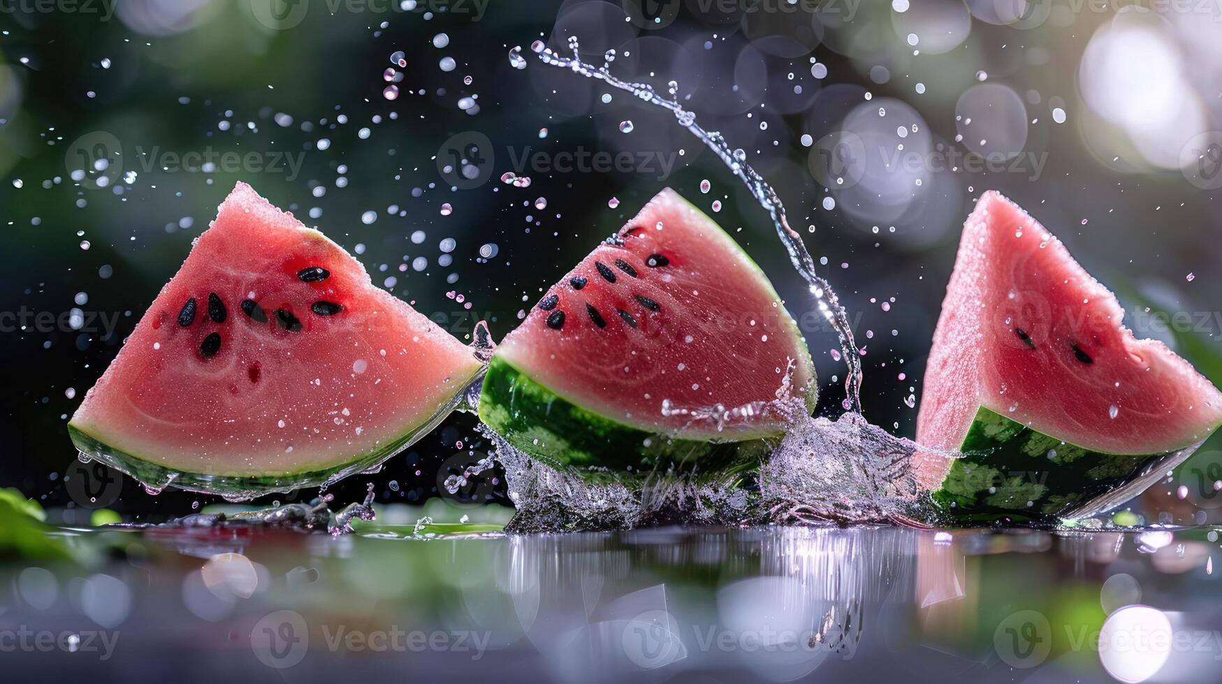 Juicy watermelon slices splashing in water, creating a refreshing and vibrant scene. photo