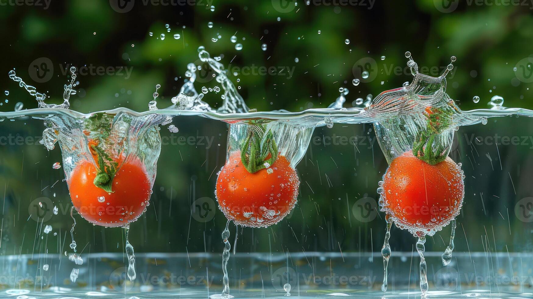 Three tomatoes splashing into water, showcasing freshness and vitality. photo