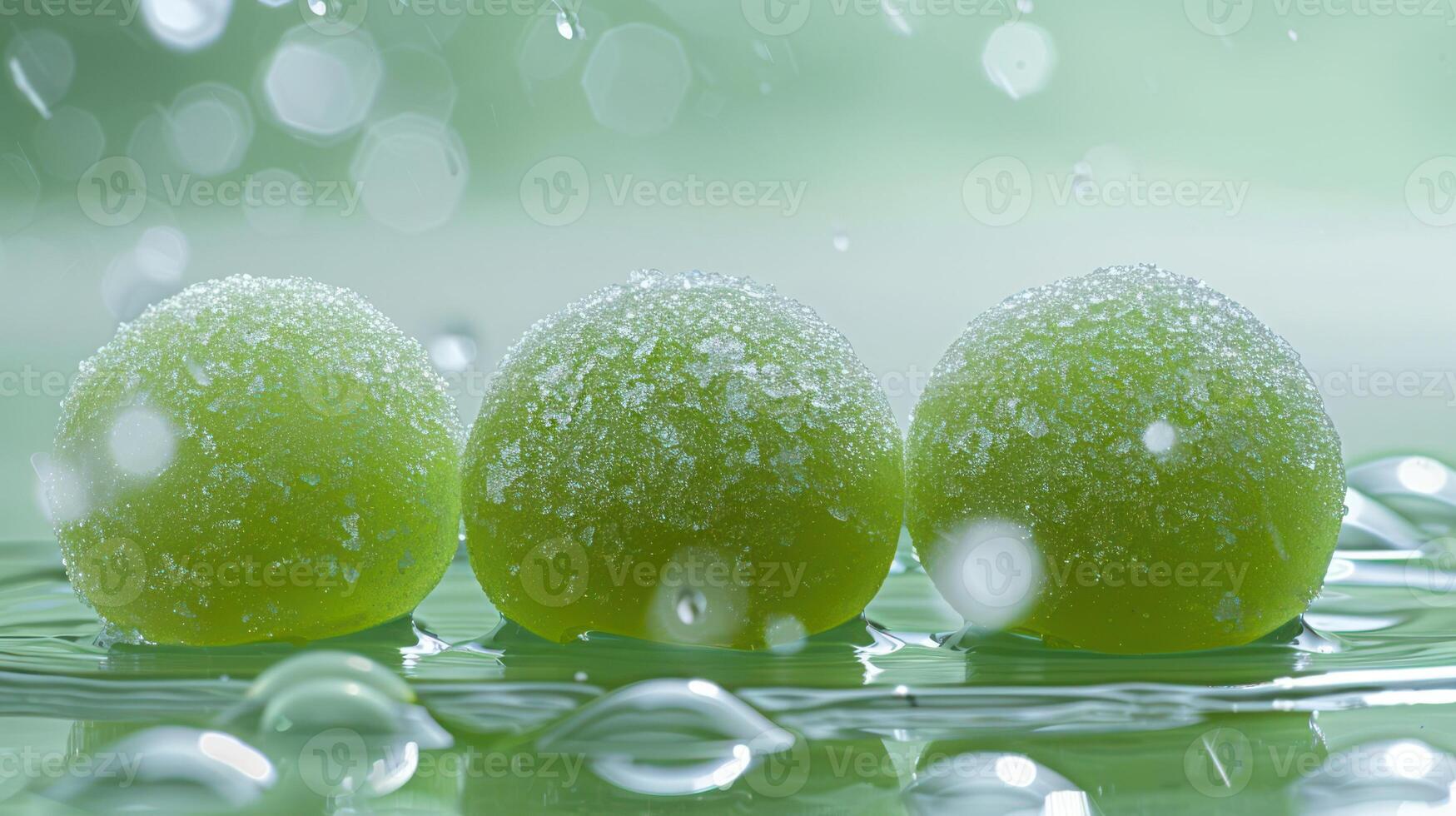 Three green spheres covered in sugar, resting on a wet surface with a soft focus background. photo