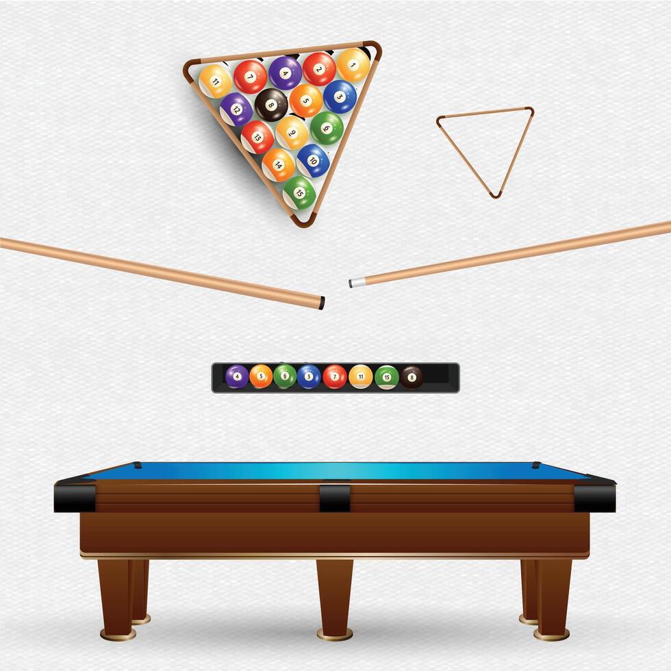 Billiard game, a blue table and a balls, and cue, white ball, white background, illustration vector