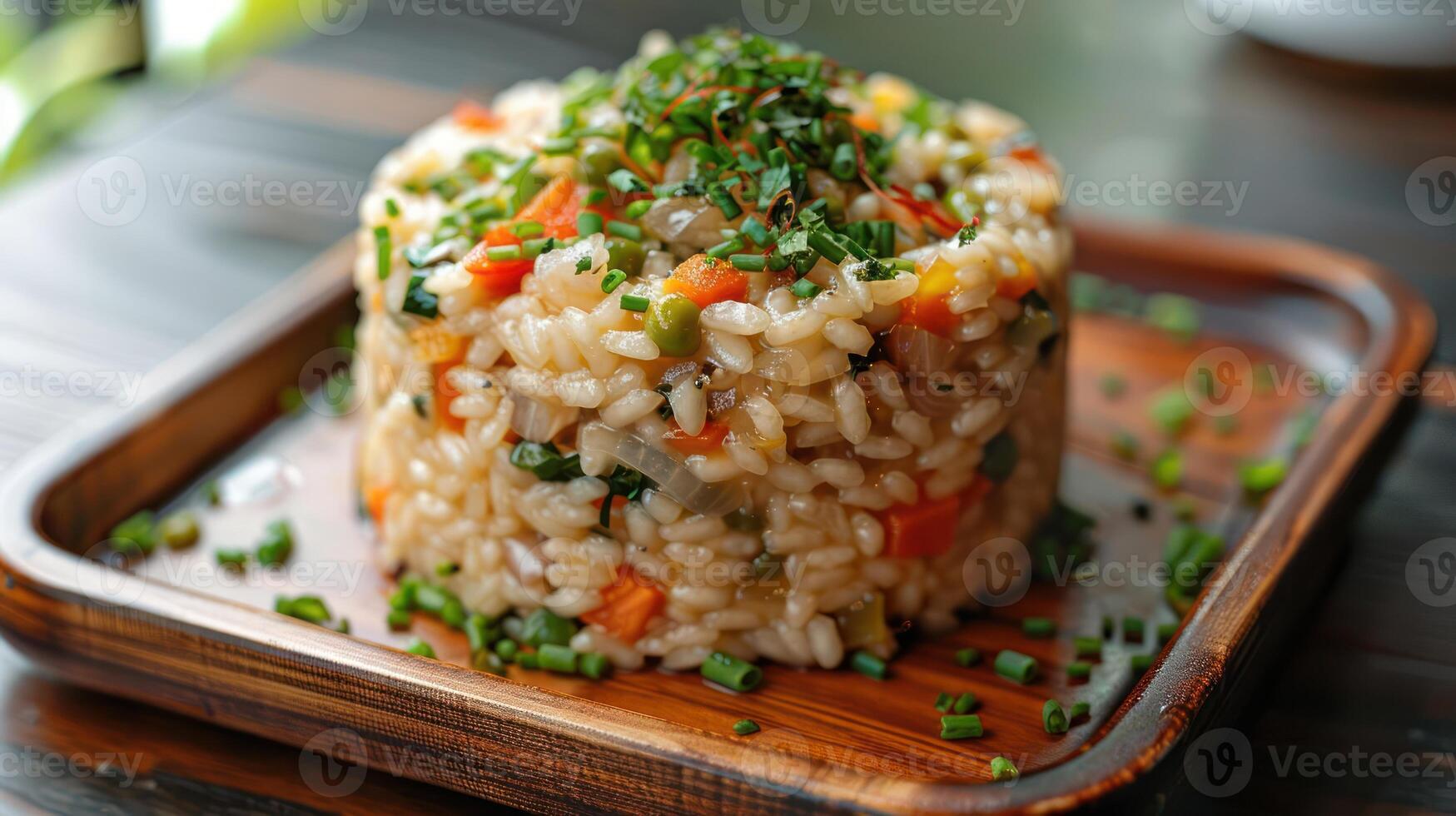 A delicious serving of risotto topped with fresh herbs and vegetables on a wooden plate. photo