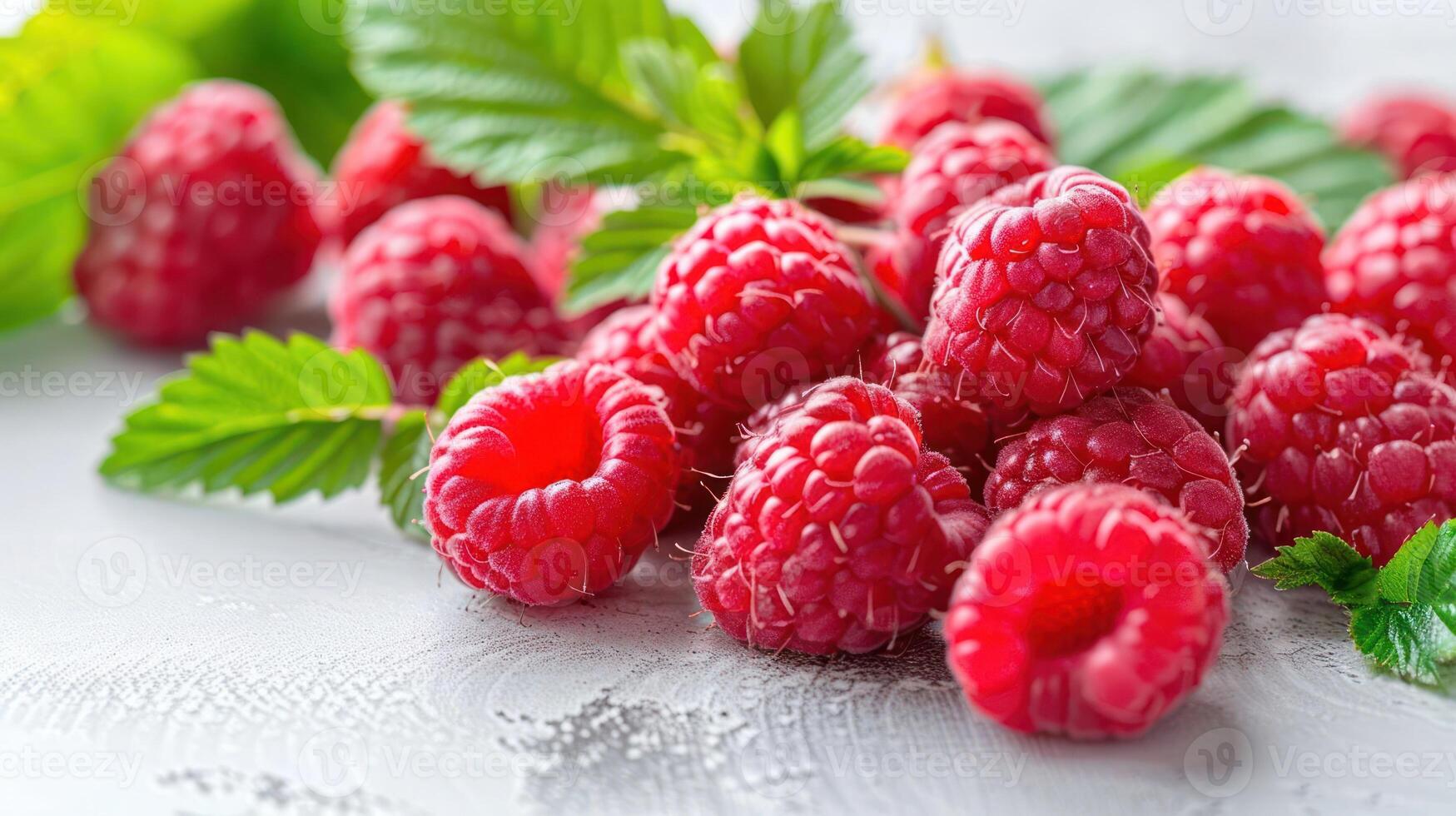 A close-up of fresh raspberries with green leaves on a textured surface. photo