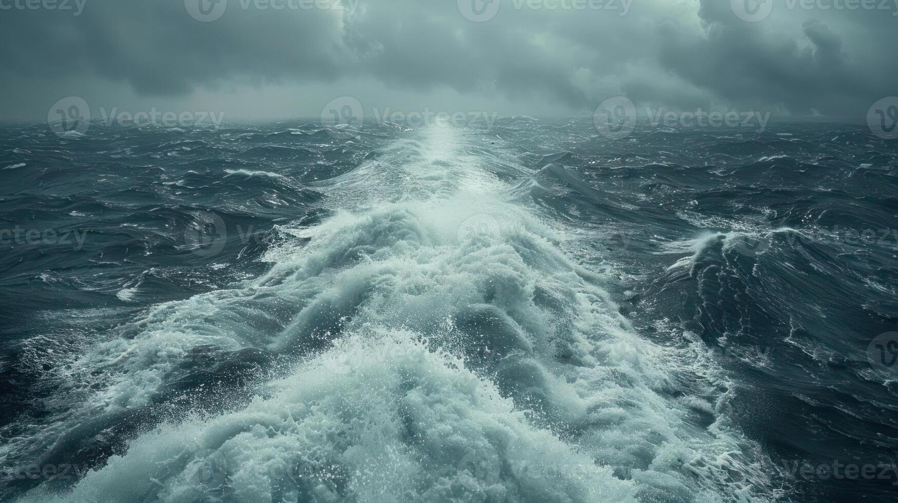 A turbulent ocean scene with dark clouds and churning waves, evoking a sense of drama. photo