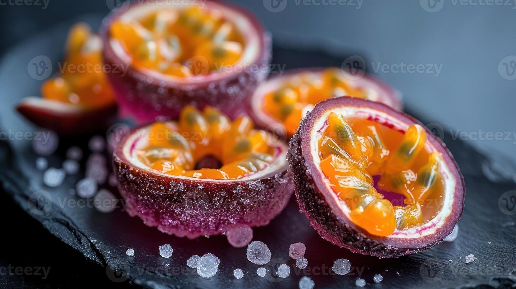 Vibrant passion fruit halves with juicy pulp displayed on a dark slate plate. photo