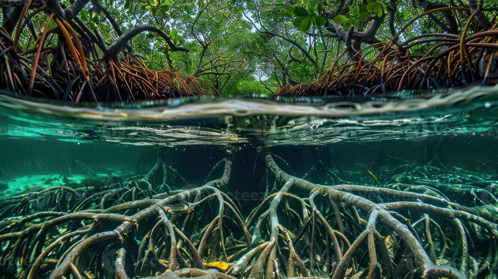 A serene underwater view of mangrove roots, showcasing aquatic life and lush greenery. photo