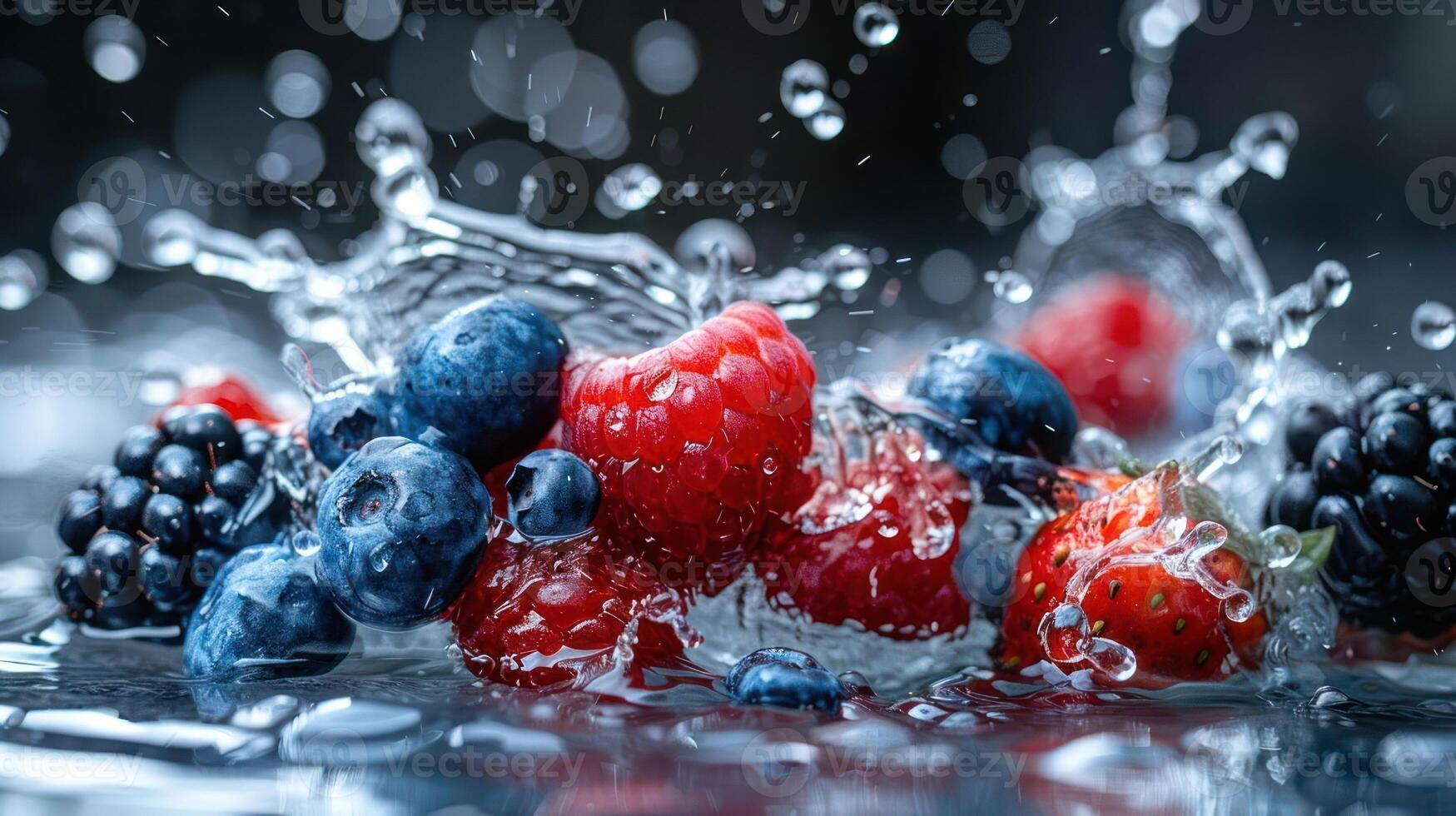 Fresh berries splashing in water, showcasing their vibrant colors and textures. photo