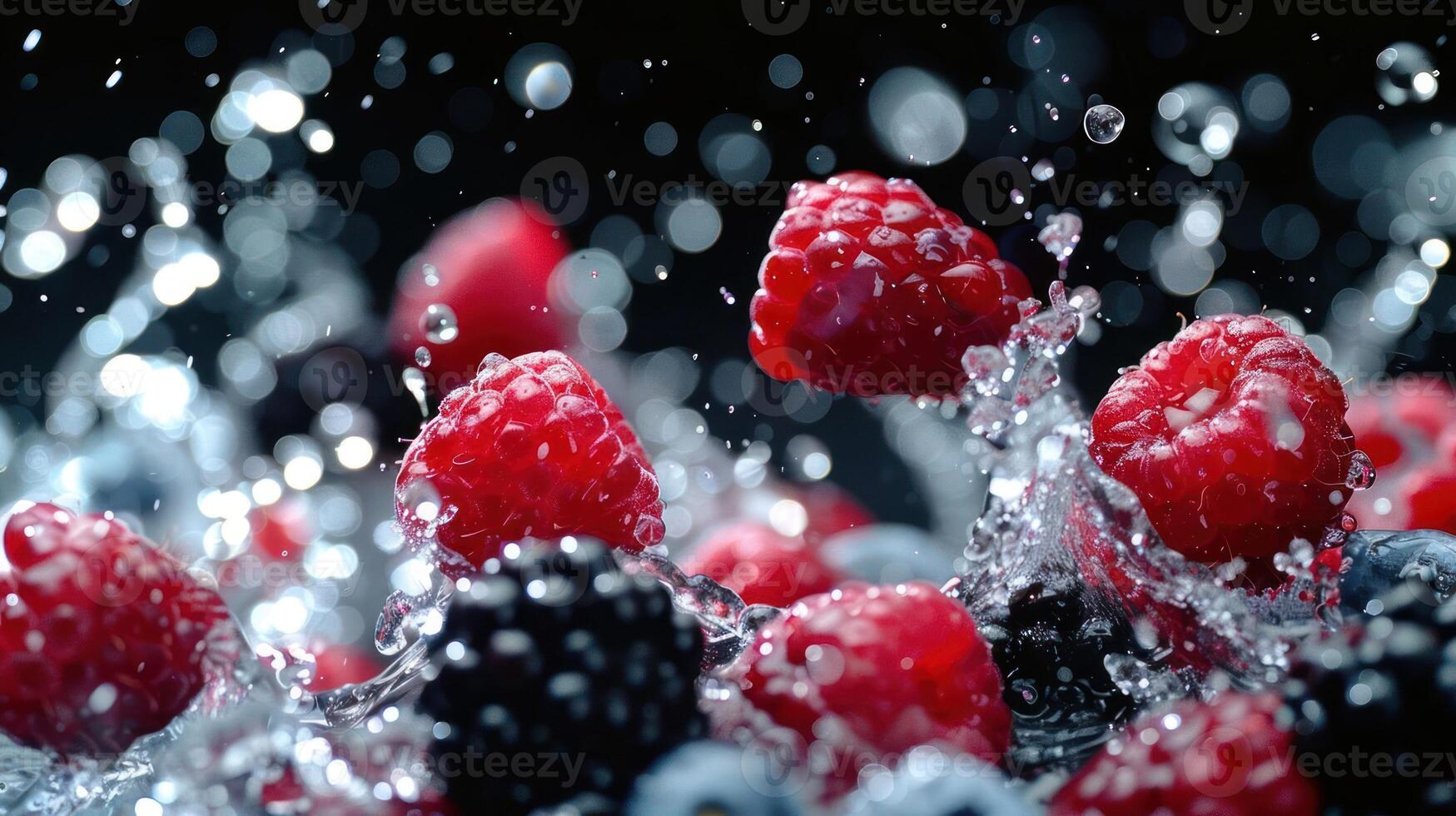 Close-up of splashing raspberries and blueberries in water, showcasing freshness and vitality. photo