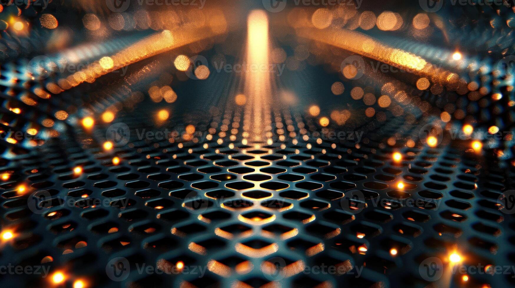A close-up view of a textured metallic surface with glowing lights in a futuristic setting. photo
