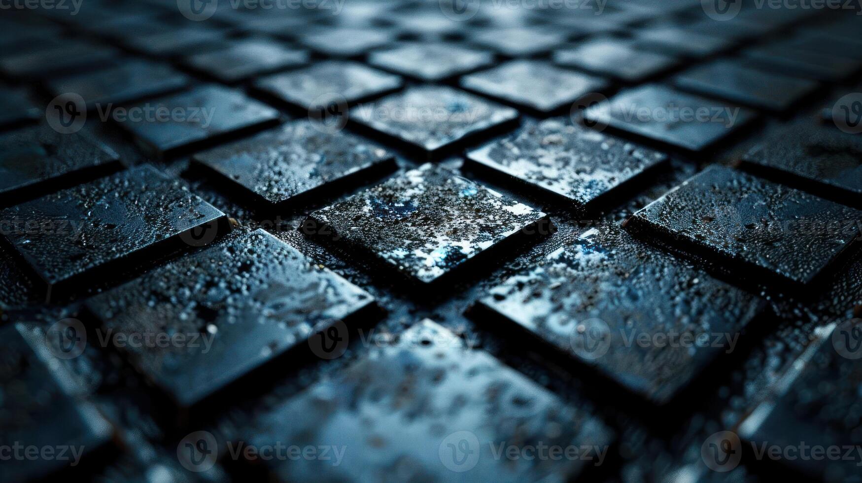 A close-up of wet, dark tiles with a textured surface, creating a moody atmosphere. photo