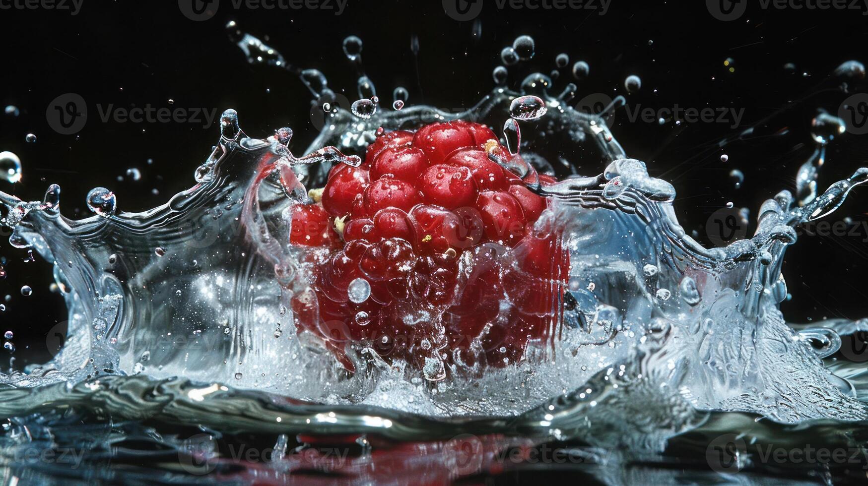 A raspberry splashes into water, creating dynamic droplets and highlighting freshness. photo
