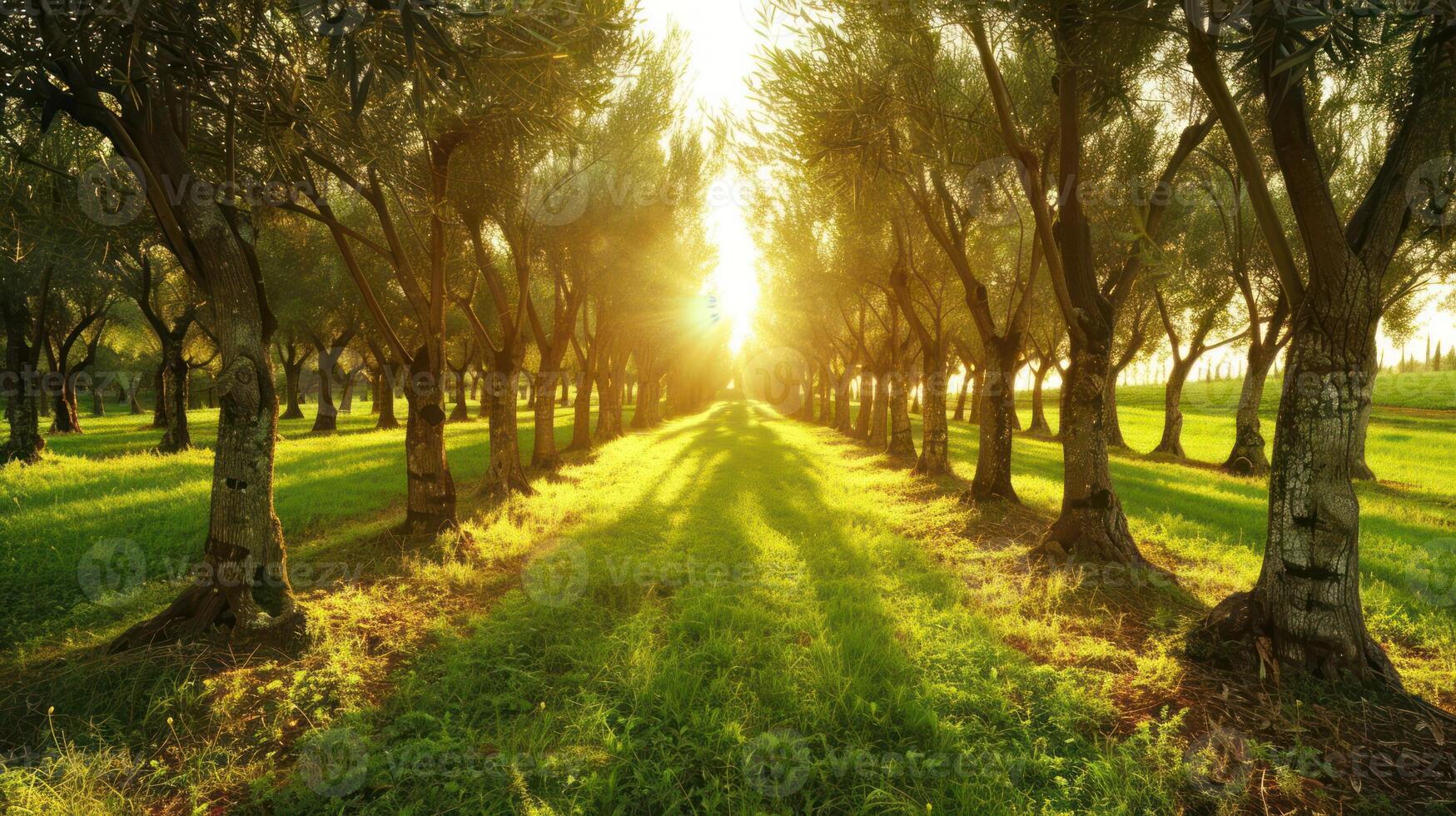 A sunlit olive grove with lush greenery and shadows stretching along the path. photo