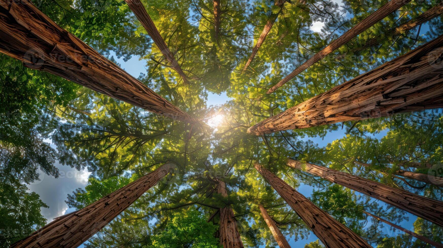 A view of towering trees reaching towards the sky, with sunlight filtering through the leaves. photo