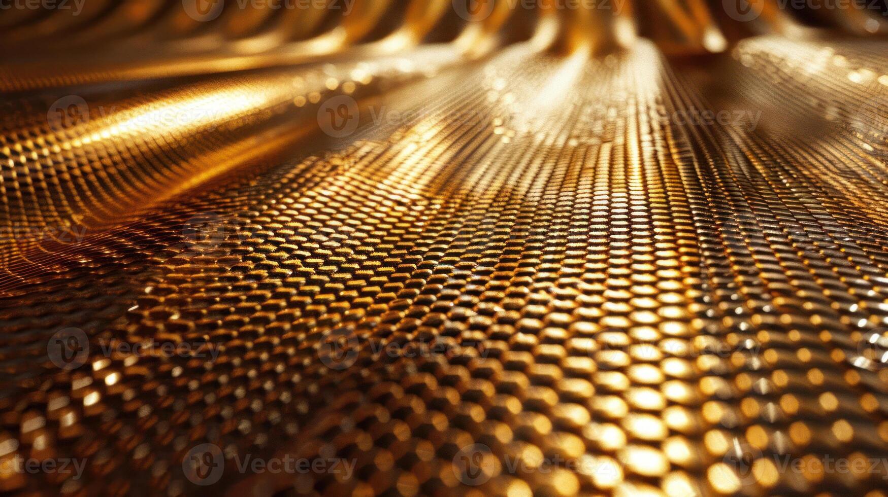 Close-up of a textured metallic surface with a honeycomb pattern reflecting light. photo
